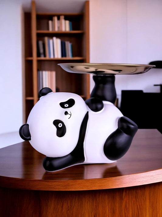 Multipurpose Panda Sculpture Storage Tray Statue for Living Room Decor Black and White | 1 Panda Sculpture Storage Tray