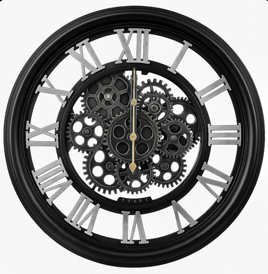 Large Gear Wall Clock, Roman Numerals, Black Frame (Gears not Moving) 75 cm
