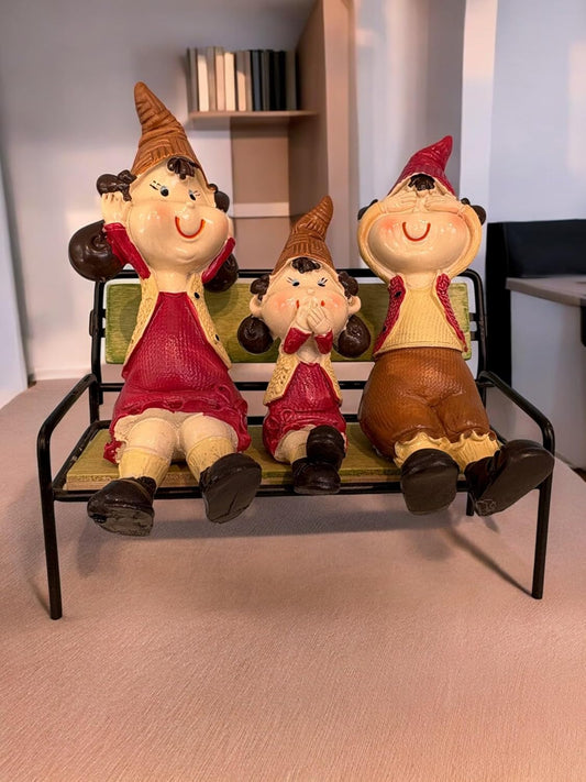Wonderland Family of Elves Sitting on Bench 3 (Yellow, Red & Green)| Sculpture of Family for Home and Garden Decoration