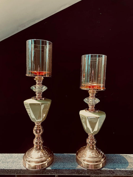 Glass Candle Holder with Crystal Stand, Brass Base, Decorative Hurricane Lamp Design (Gold)