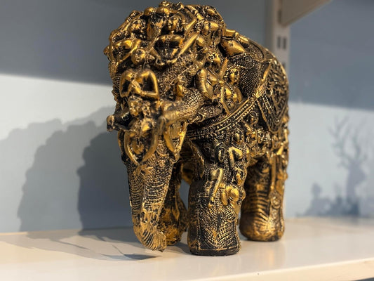 Decorative Indian Elephant Statue, Gold-Finished Brass, Intricate Traditional Carved Design, Home Decor || Luxe Home Decor