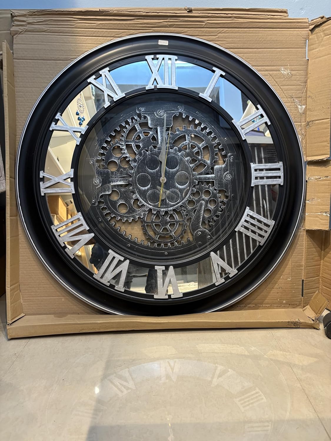Large Gear Wall Clock, Roman Numerals, Black Frame (Gears not Moving) 75 cm