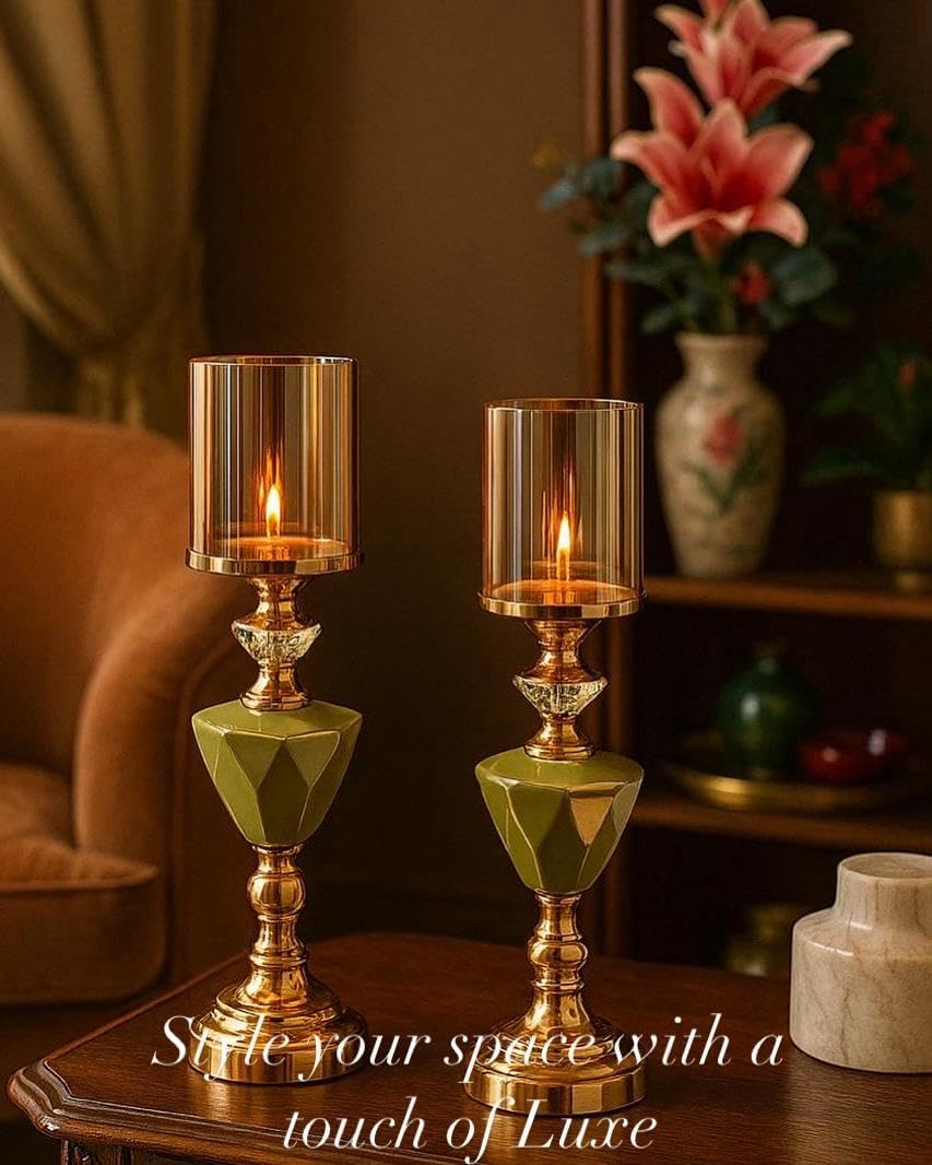 Glass Candle Holder with Crystal Stand, Brass Base, Decorative Hurricane Lamp Design (Gold)