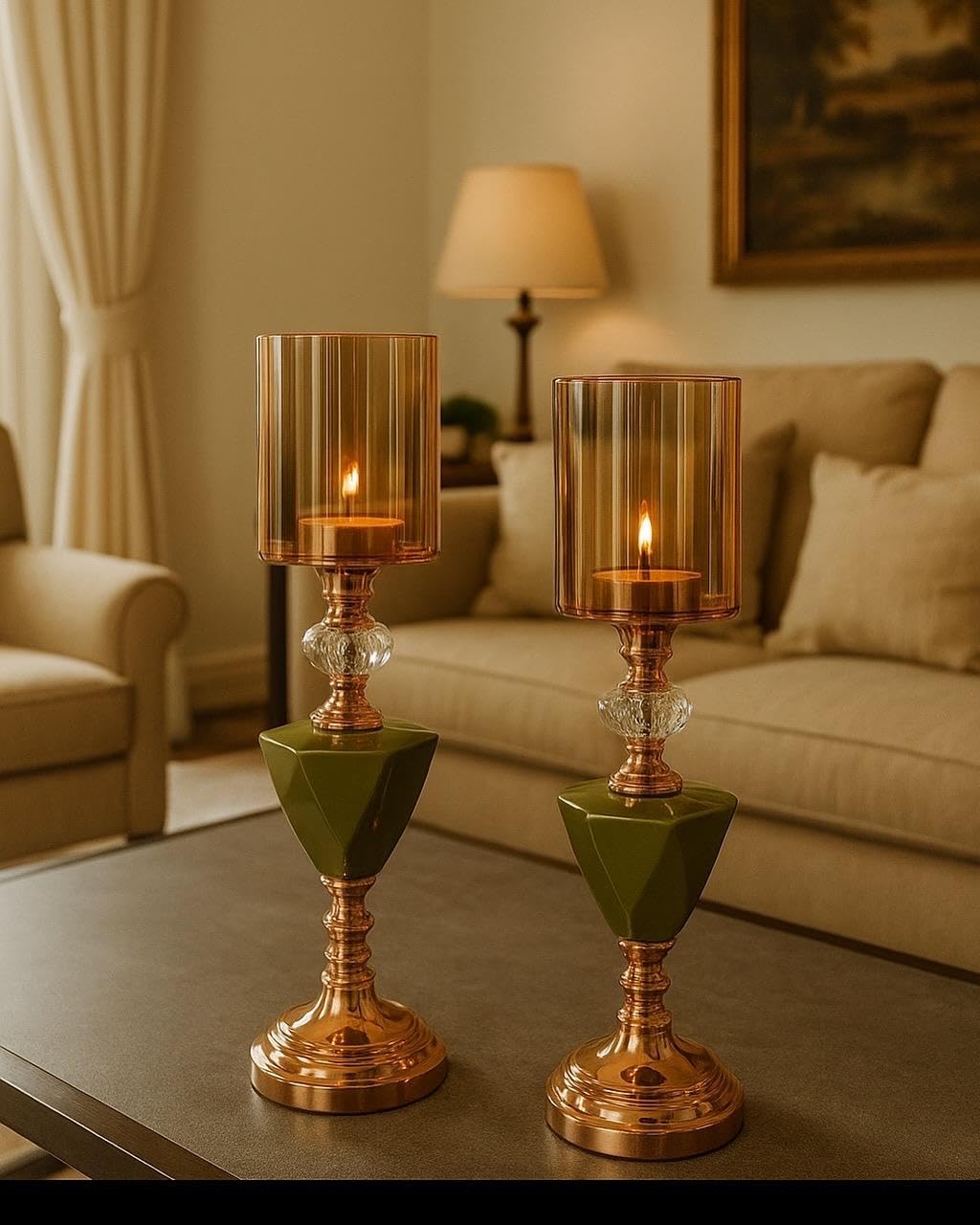 Glass Candle Holder with Crystal Stand, Brass Base, Decorative Hurricane Lamp Design (Gold)