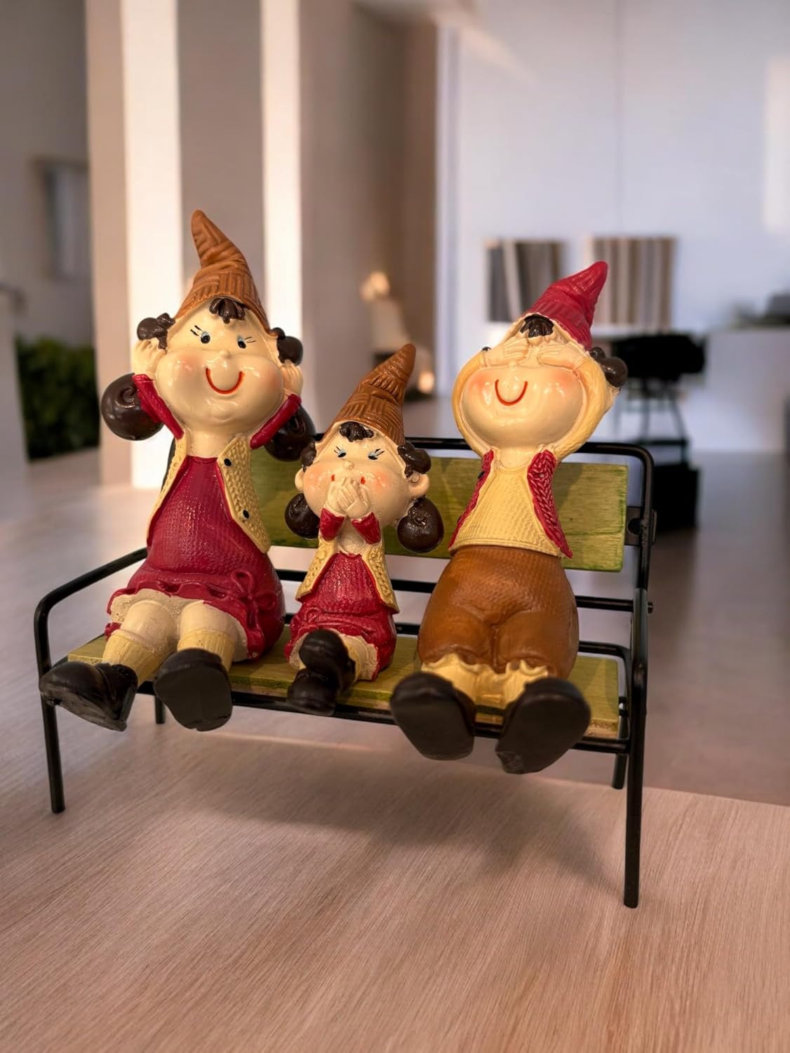 Wonderland Family of Elves Sitting on Bench 3 (Yellow, Red & Green)| Sculpture of Family for Home and Garden Decoration