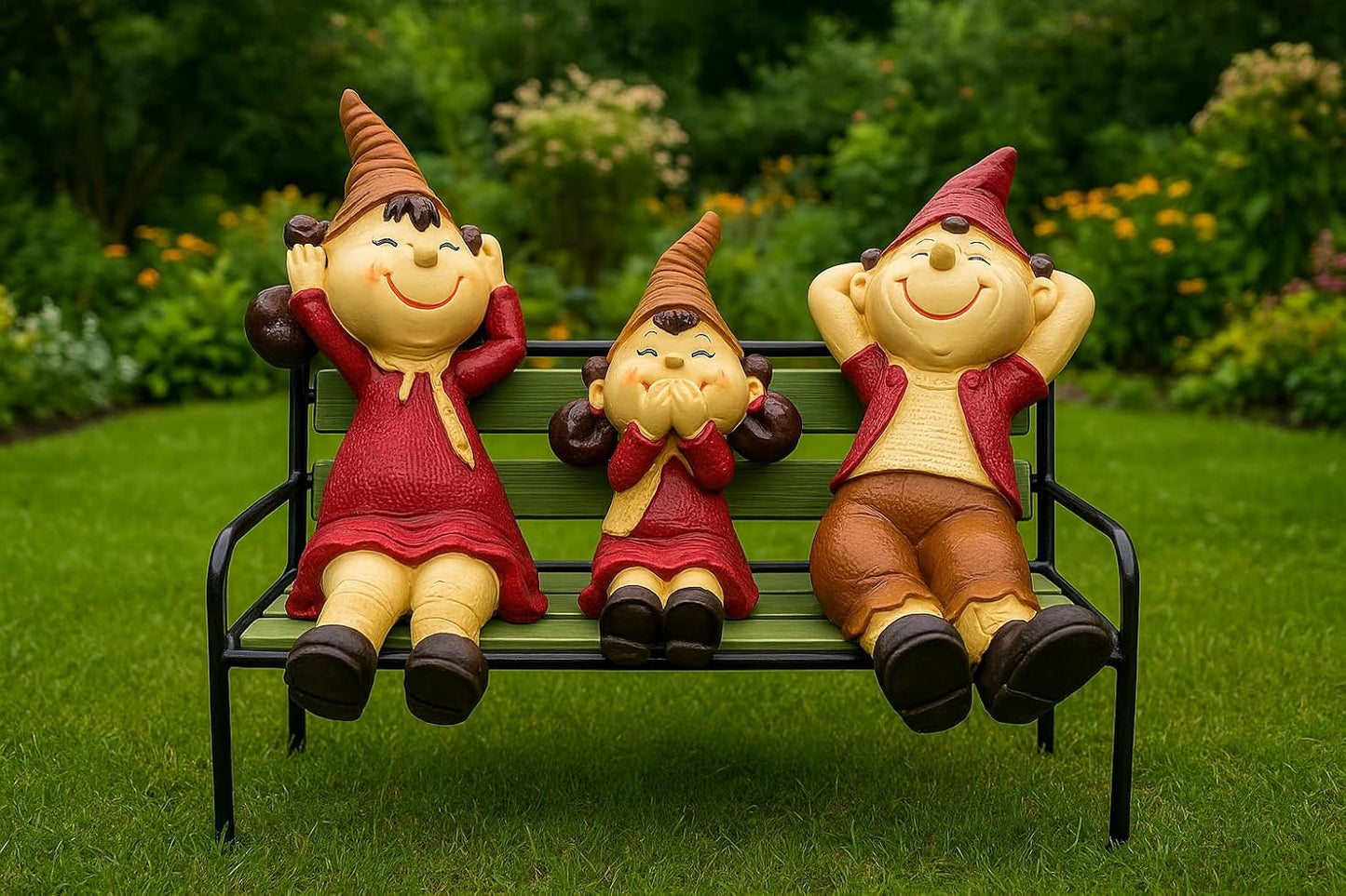 Wonderland Family of Elves Sitting on Bench 3 (Yellow, Red & Green)| Sculpture of Family for Home and Garden Decoration