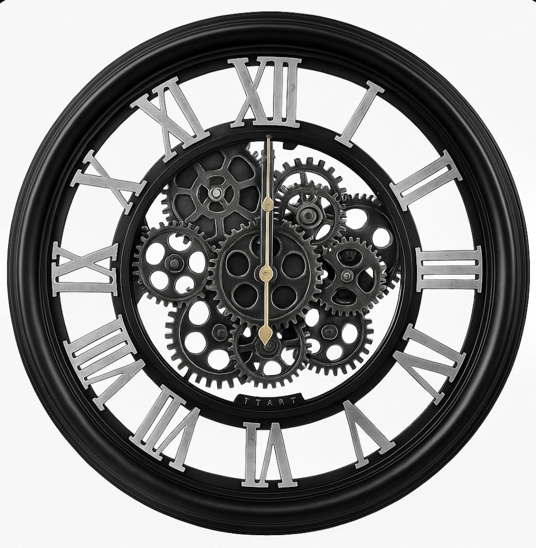 Large Gear Wall Clock, Roman Numerals, Black Frame (Gears not Moving) 75 cm
