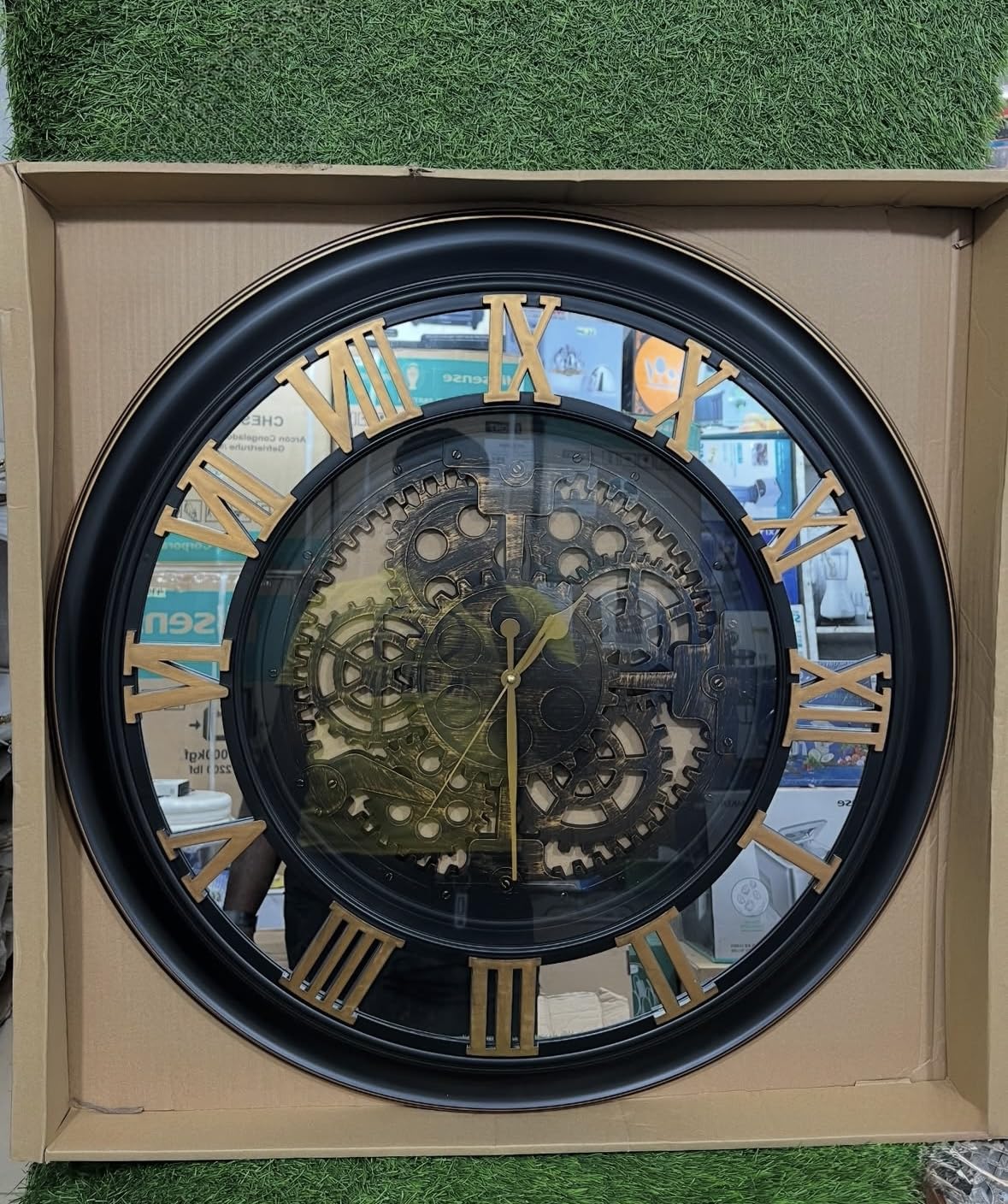 Large Gear Wall Clock, Roman Numerals, Black Frame (Gears not Moving) 75 cm