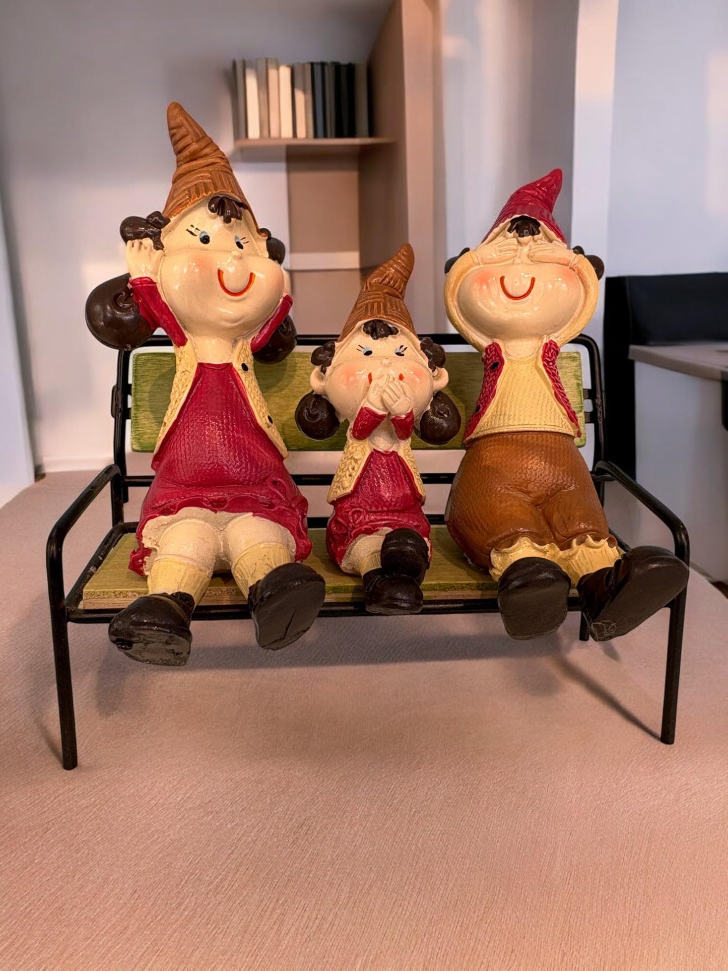 Wonderland Family of Elves Sitting on Bench 3 (Yellow, Red & Green)| Sculpture of Family for Home and Garden Decoration